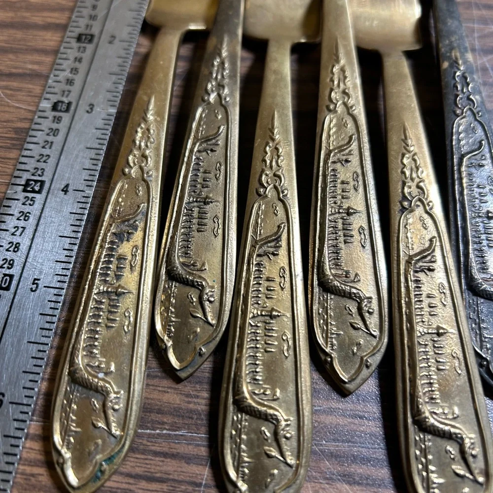 Vintage Brass Flatware Dragon Viking Ship Design Set of 6 Cocktail Shrimp Forks